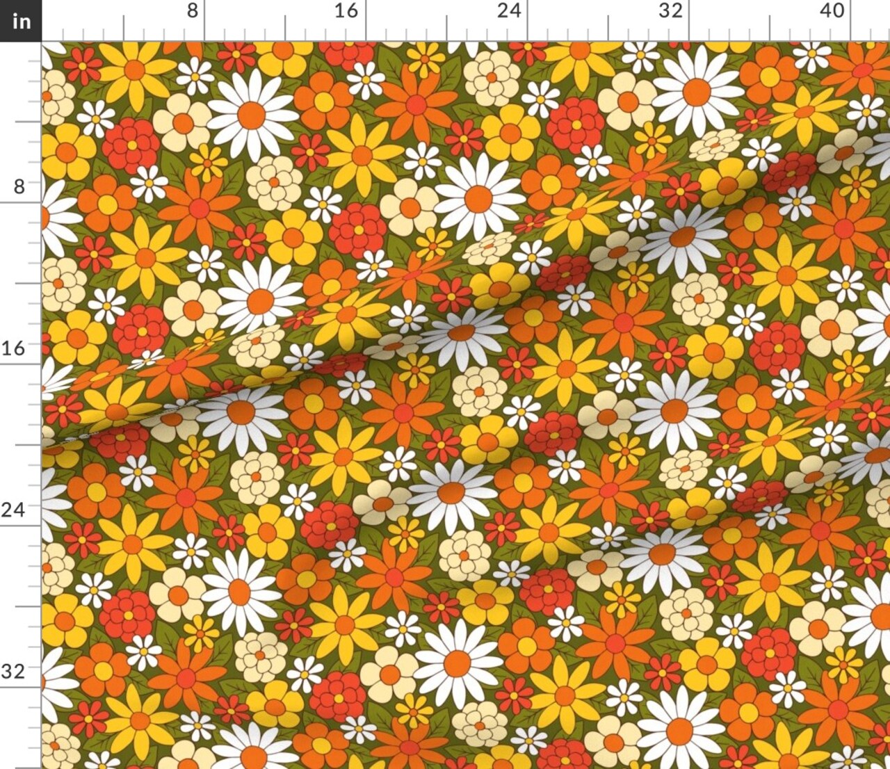 Various Fabrics by the Yard or Fat Quarter Retro Groovy Botanical Vintage Style Orange Yellow Flowers Green Custom Printed Fabric by Spoonflower